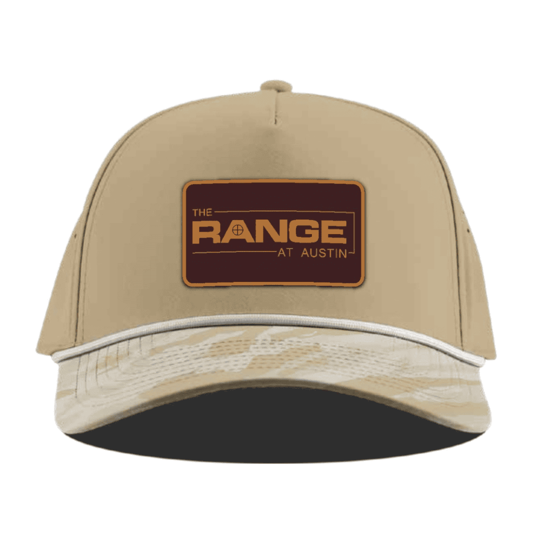 The Range at Austin Curved 5 Panel Rope Hat Tan/Desert Camo W/PVC Logo Patch