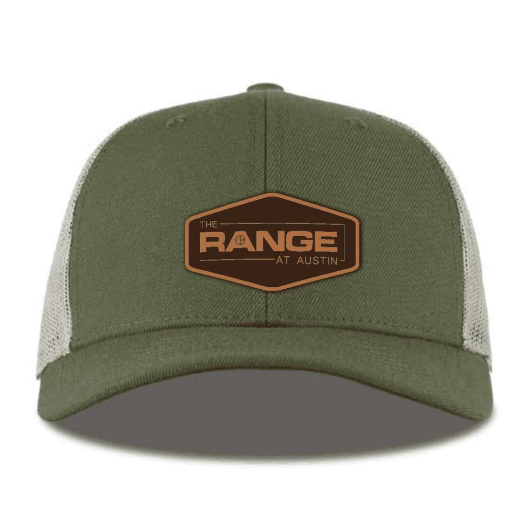 The Range at Austin Curved Trucker Hat Light Loden W/Leather Patch