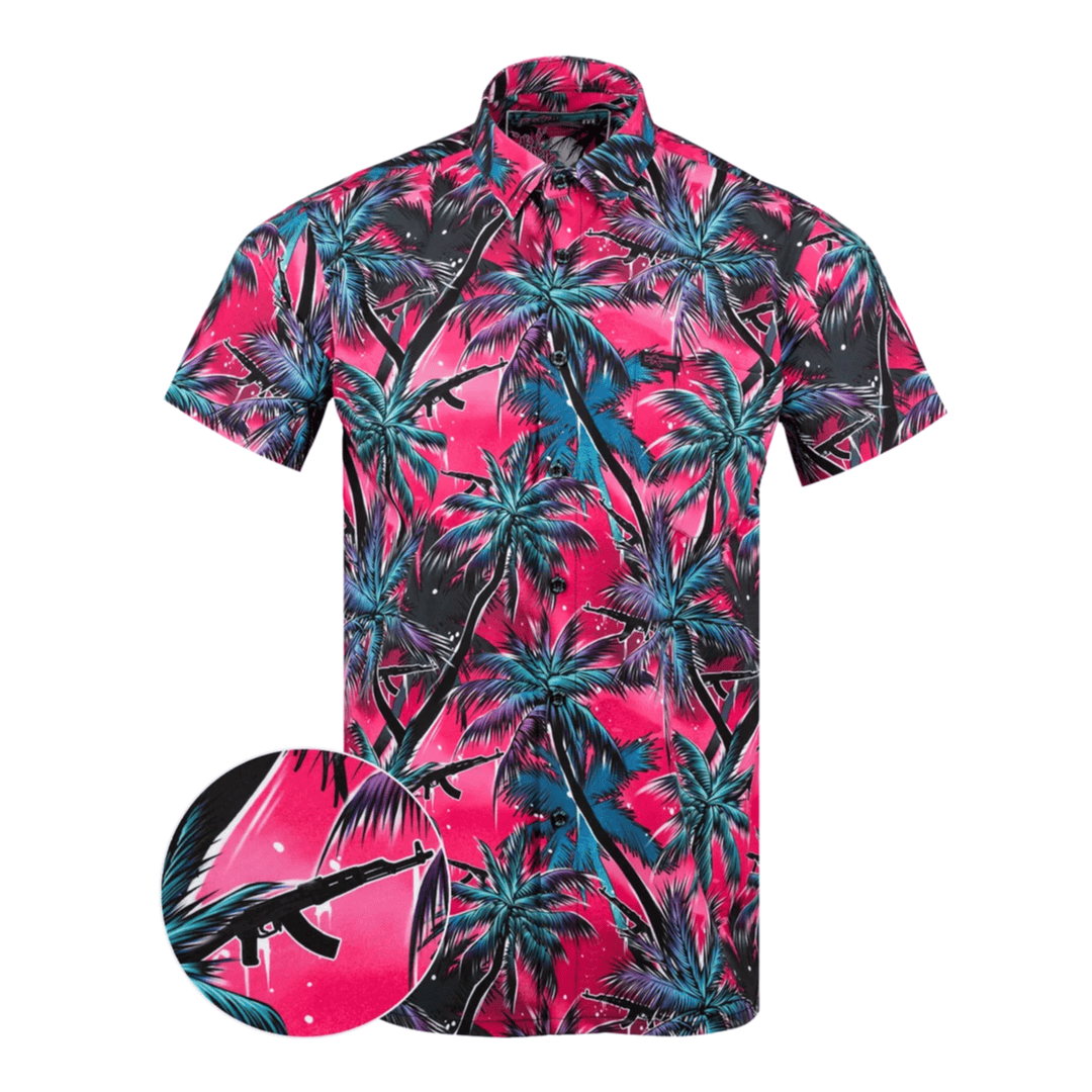 Retro Rifle AK’s & Vacays V2 PINK/BLUE/BLACK Button Down Shirt