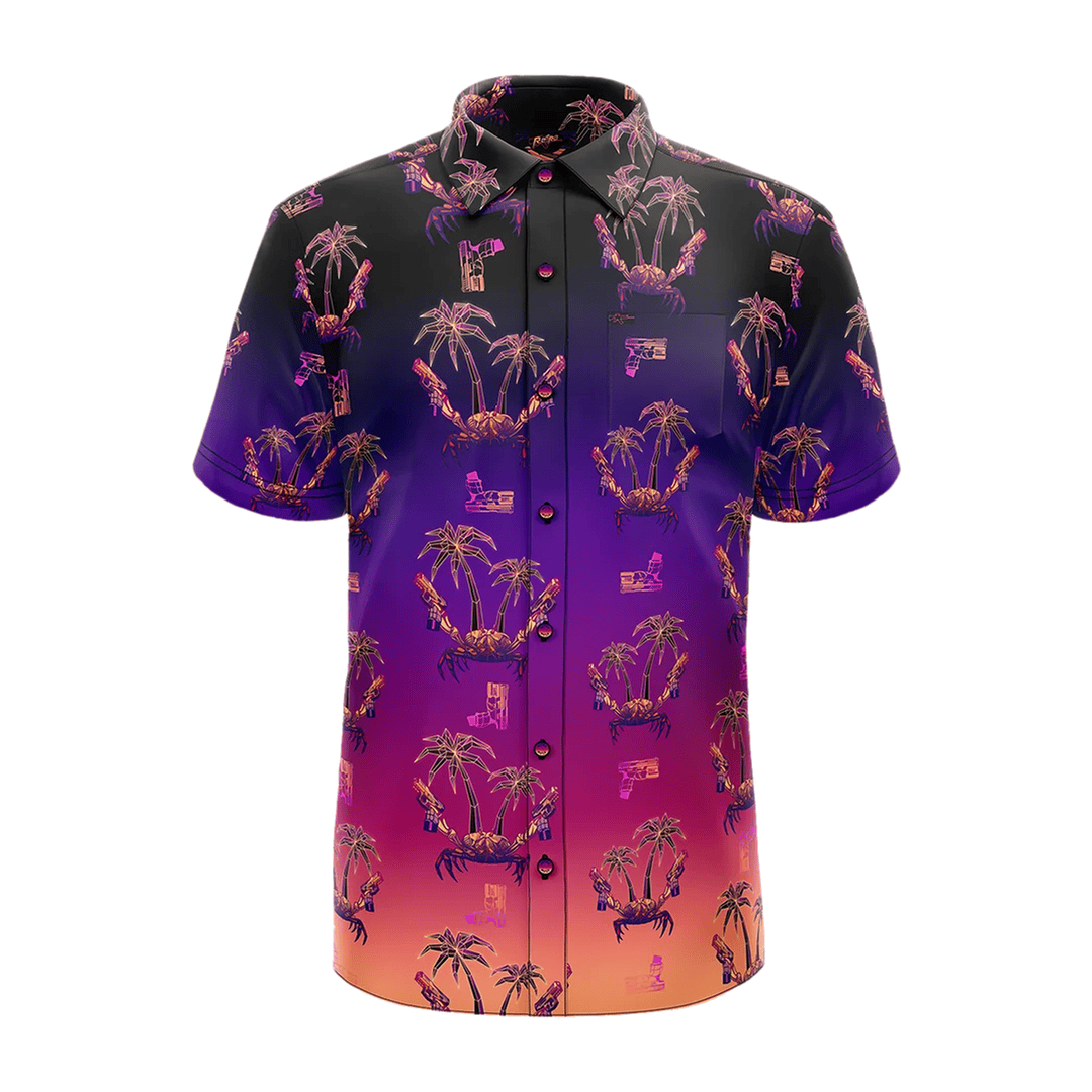 Retro Rifle Synth Crab Sunset Button Down Shirt